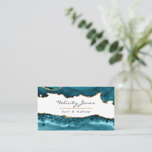 Blauwgroen - Turquoise en Gold Agate Business Afsprakenkaartje (Staand voorkant)