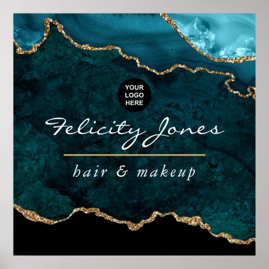 Blauwgroen - Turquoise en Gold Agate Business Post Poster (Voorkant)