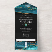 Blauwgroen - Turquoise en Gold Agate Stone Wedding All In One Uitnodiging (Binnen)