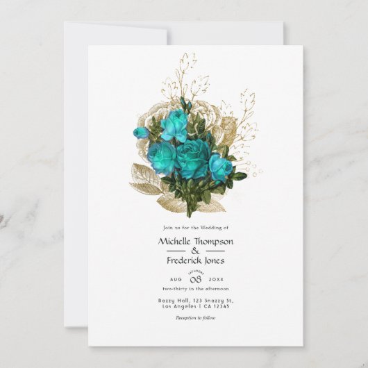  Blauwgroen - Turquoise en Gold Floral Wedding Kaart (Voorkant)