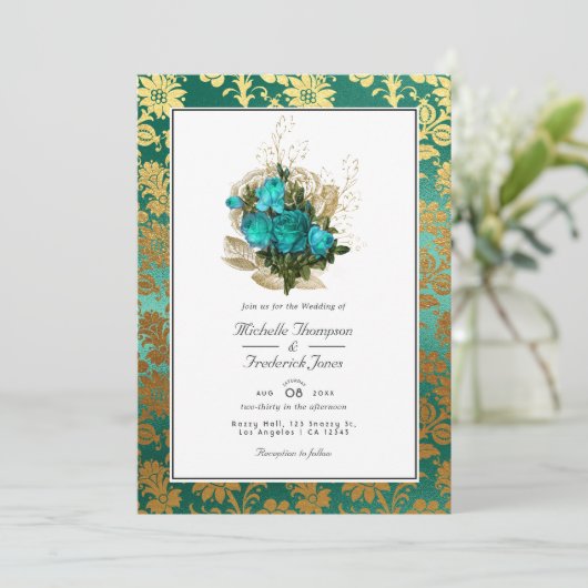  Blauwgroen - Turquoise en Gold Floral Wedding Kaart (Staand voorkant)