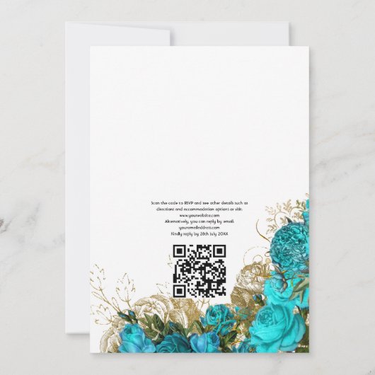  Blauwgroen - Turquoise en Gold Floral Wedding Kaart (Achterkant)