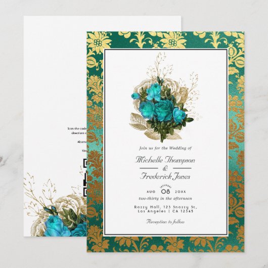  Blauwgroen - Turquoise en Gold Floral Wedding Kaart (Voorkant / Achterkant)