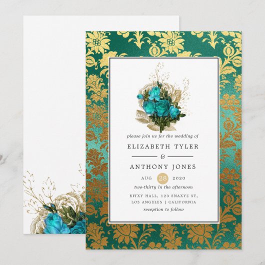  Blauwgroen - Turquoise en Gold Floral Wedding Kaart (Voorkant / Achterkant)