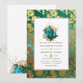  Blauwgroen - Turquoise en Gold Floral Wedding Kaart