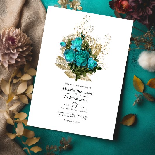  Blauwgroen - Turquoise en Gold Floral Wedding Kaart