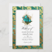  Blauwgroen - Turquoise en Gold Floral Wedding Kaart (Voorkant)