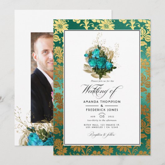  Blauwgroen - Turquoise en Gold Floral Wedding Kaart (Voorkant / Achterkant)