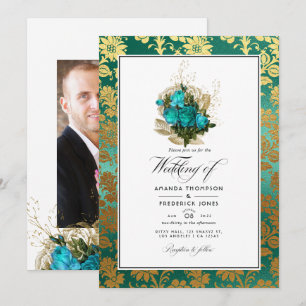  Blauwgroen - Turquoise en Gold Floral Wedding Kaart