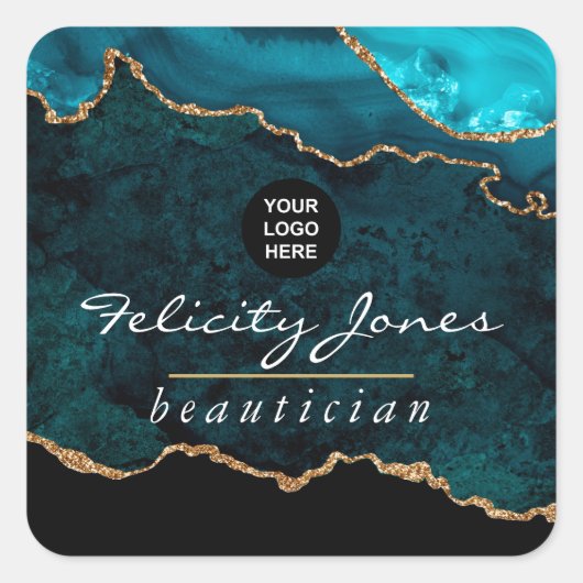 Blauwgroen - Turquoise en Gold Geode Agate Corpora Vierkante Sticker (Voorkant)