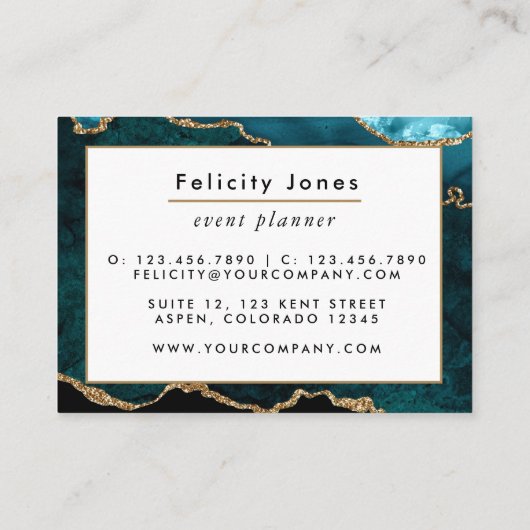 Blauwgroen - Turquoise en Gold Geode Agate Stone Visitekaartje (Achterkant)