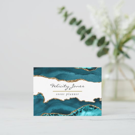 Blauwgroen - Turquoise en Gold Geode Agate Stone Visitekaartje (Staand voorkant)