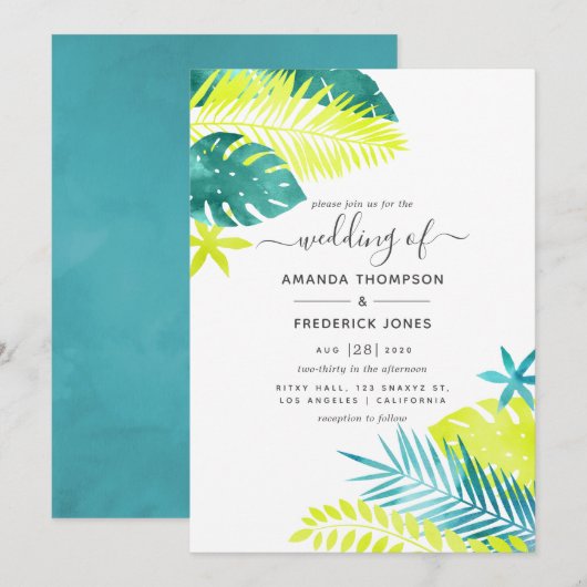 Blauwgroen - Turquoise en Lemon Tropical Wedding Kaart (Voorkant / Achterkant)
