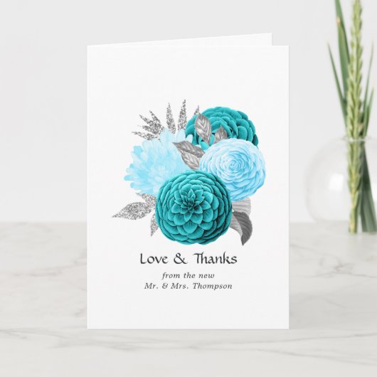 Blauwgroen - Turquoise en Silver Floral Wedding Bedankkaart (Voorkant)