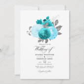Blauwgroen - Turquoise en Silver Floral Wedding Kaart (Voorkant)