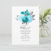 Blauwgroen - Turquoise en Silver Floral Wedding Kaart (Staand voorkant)
