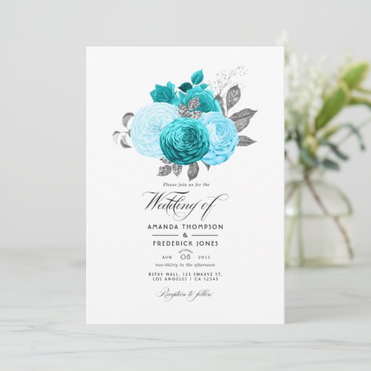 Blauwgroen - Turquoise en Silver Floral Wedding Kaart (Staand voorkant)
