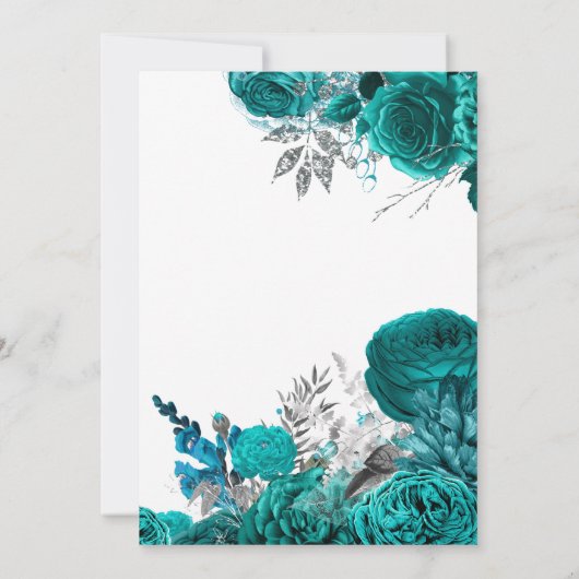 Blauwgroen - Turquoise en Silver Floral Wedding Kaart (Achterkant)