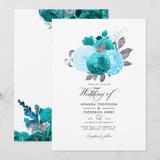 Blauwgroen - Turquoise en Silver Floral Wedding Kaart (Voorkant / Achterkant)