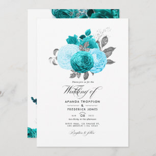 Blauwgroen - Turquoise en Silver Floral Wedding Kaart