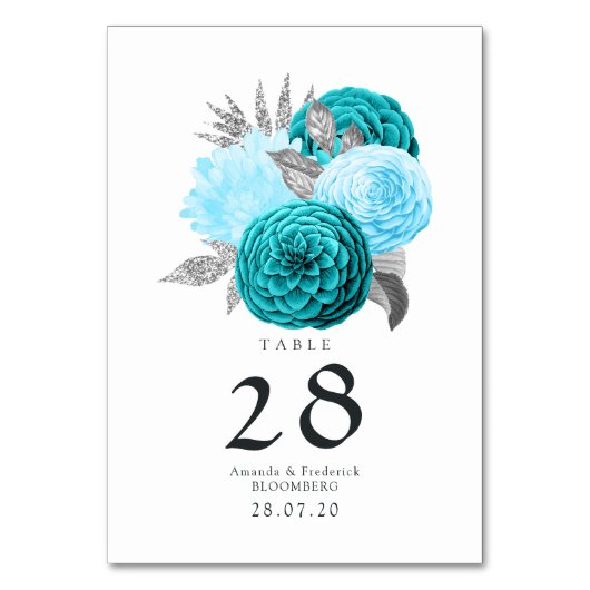 Blauwgroen - Turquoise en Silver Floral Wedding Kaart (Voorkant)