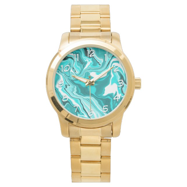 Blauwgroen, Turquoise en White Marble Horloge (Voorkant)