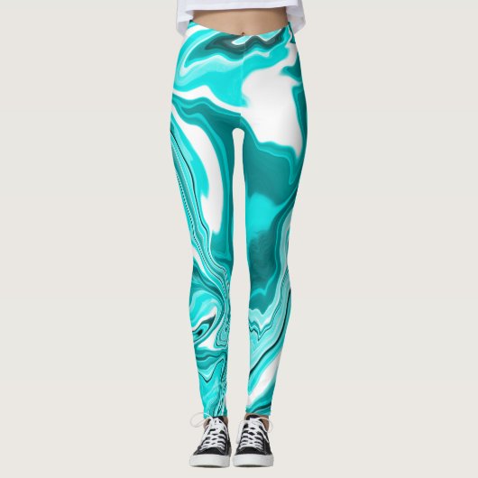 Blauwgroen, Turquoise en White Marble Leggings (Voorkant)