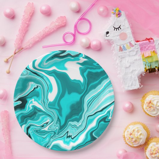 Blauwgroen, Turquoise en White Marble Papieren Bordje (Feest)