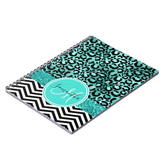 Blauwgroen Turquoise Faux Glitter Leopard Print Mo Notitieboek (Linkerzijde)