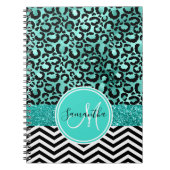 Blauwgroen Turquoise Faux Glitter Leopard Print Mo Notitieboek (Voorkant)