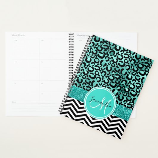 Blauwgroen Turquoise Faux Glitter Leopard Print Mo Planner (Display)