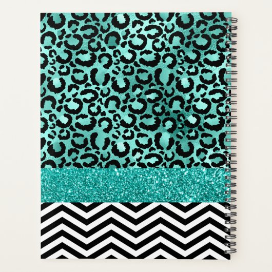 Blauwgroen Turquoise Faux Glitter Leopard Print Mo Planner (Achterkant)