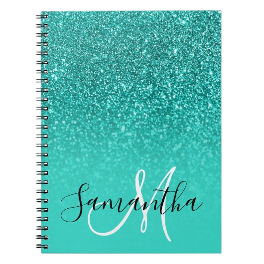Blauwgroen Turquoise Faux Glitter Ombre Monogram Notitieboek (Voorkant)