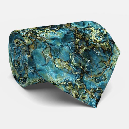 Blauwgroen Turquoise Faux Gold Minerals Agate Patt Stropdas (Opgerold)
