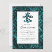  Blauwgroen - Turquoise Fleur de Lis Quinceañera Kaart (Voorkant)