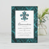  Blauwgroen - Turquoise Fleur de Lis Quinceañera Kaart (Staand voorkant)