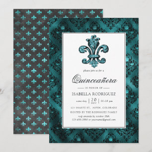 Blauwgroen - Turquoise Fleur de Lis Quinceañera Kaart