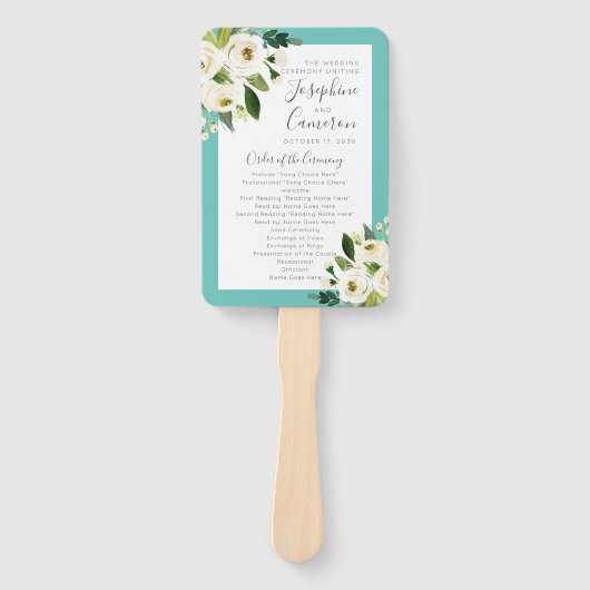 Blauwgroen Turquoise Floral Bouquet Wedding Progra Handwaaier (Voorkant)
