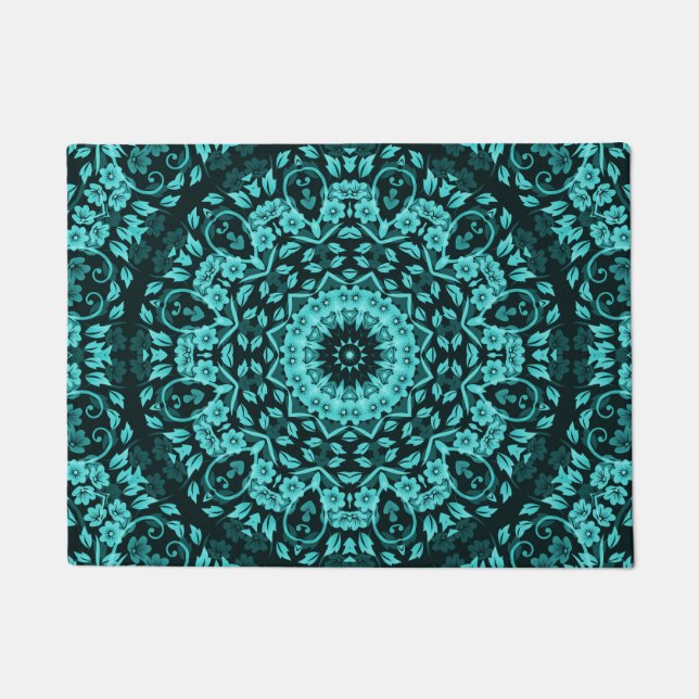 Blauwgroen Turquoise Floral Mandala Deurmat (Voorkant)
