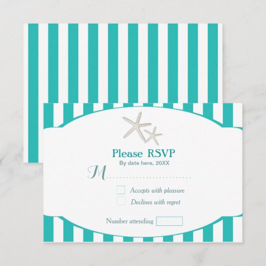 Blauwgroen Turquoise Gestreepte Zeesterren Strand  RSVP Kaartje (Voorkant / Achterkant)