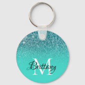 Blauwgroen Turquoise Glitter Ombre Monogram Sleutelhanger (Voorkant)