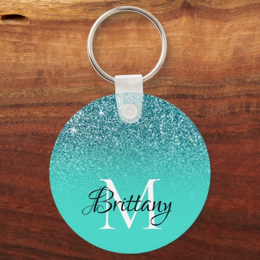 Blauwgroen Turquoise Glitter Ombre Monogram Sleutelhanger (Voorkant)