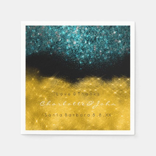 Blauwgroen Turquoise Gold Black White Confetti Gli Servetten (Voorkant)