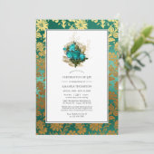 Blauwgroen - Turquoise & Gold Floral Celebration o Kaart (Staand voorkant)