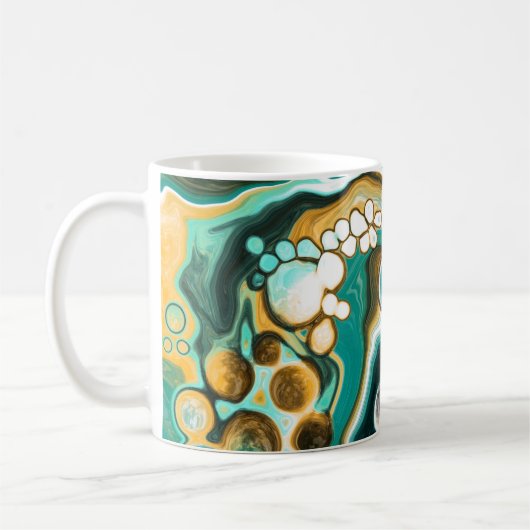 Blauwgroen, Turquoise, Gold, White Fluid Art Koffiemok (Links)