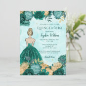 Blauwgroen Turquoise Goud Bloemen Prinses Quinceañ Kaart (Staand voorkant)
