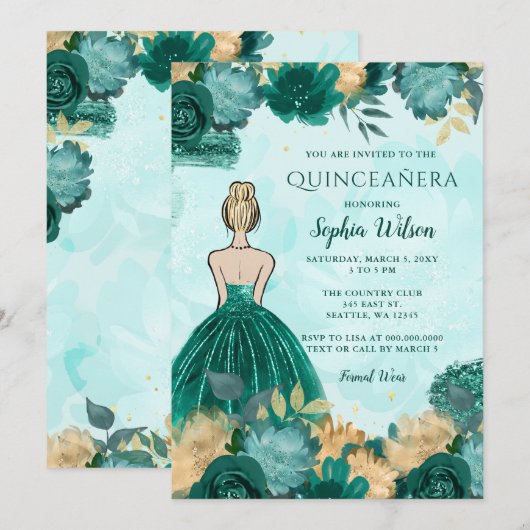 Blauwgroen Turquoise Goud Bloemen Prinses Quinceañ Kaart (Voorkant / Achterkant)