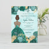 Blauwgroen Turquoise Goud Bloemen Prinses Quinceañ Kaart (Staand voorkant)