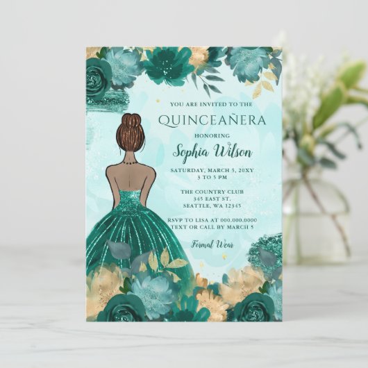 Blauwgroen Turquoise Goud Bloemen Prinses Quinceañ Kaart (Staand voorkant)