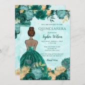 Blauwgroen Turquoise Goud Bloemen Prinses Quinceañ Kaart (Voorkant / Achterkant)